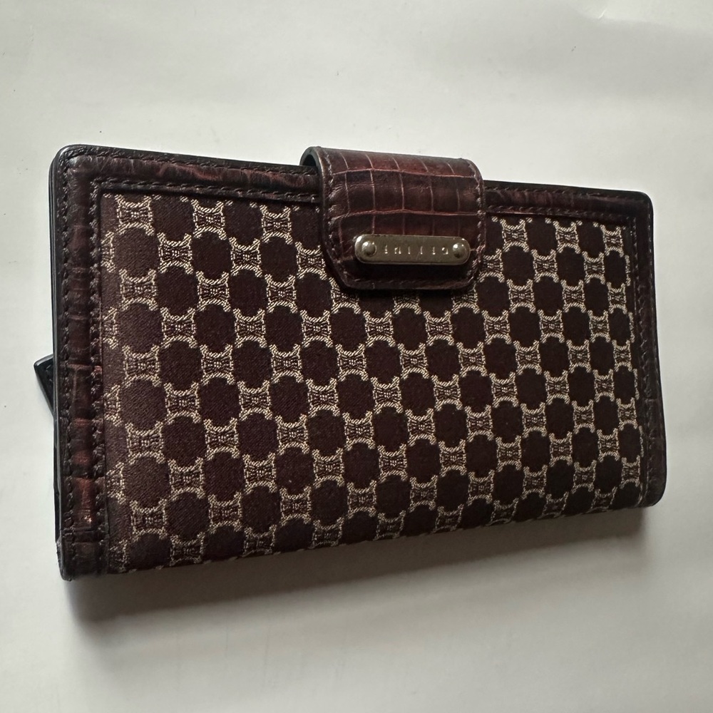 CELINE Vintage Brown Monogram 1990-2000 Macadam-pattern Wallet with Croc Trim - Picture 5 of 14